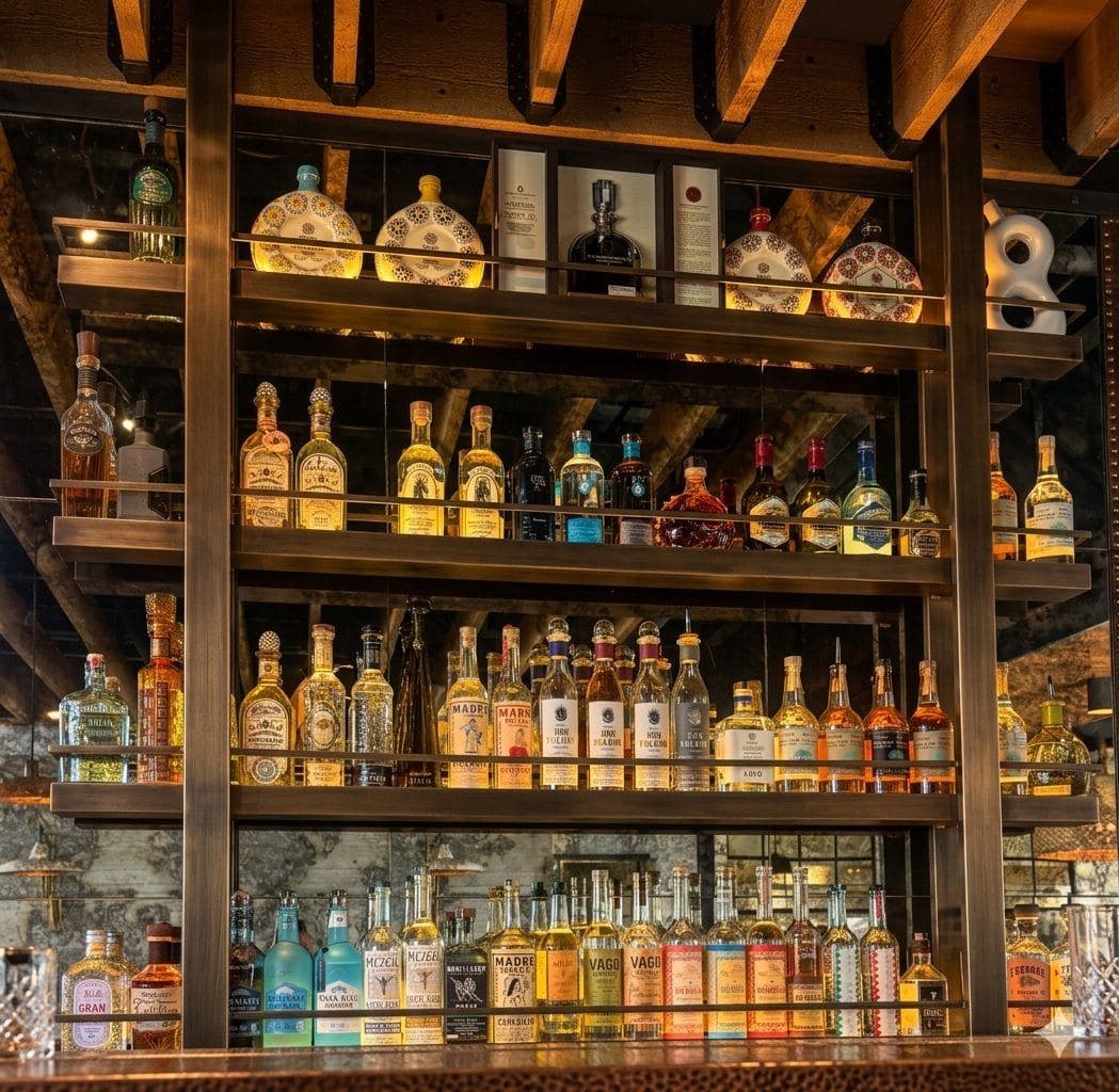 Backlit bar shelves stocked with tequila and mezcal