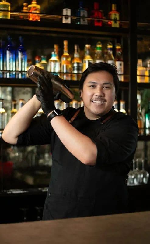 Bartender shaking a cocktail behind the bar