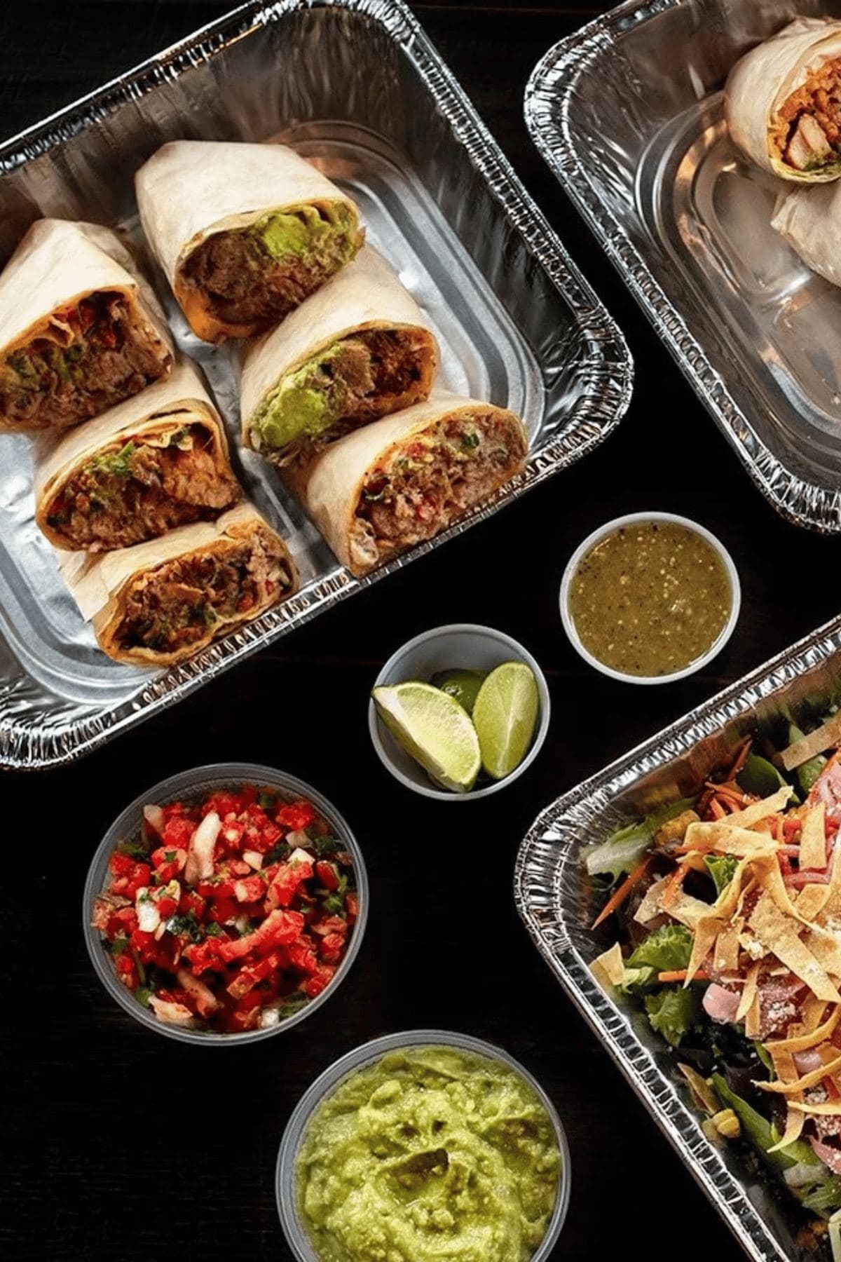 Burrito catering party pack with guacamole, pico de gallo and salsa