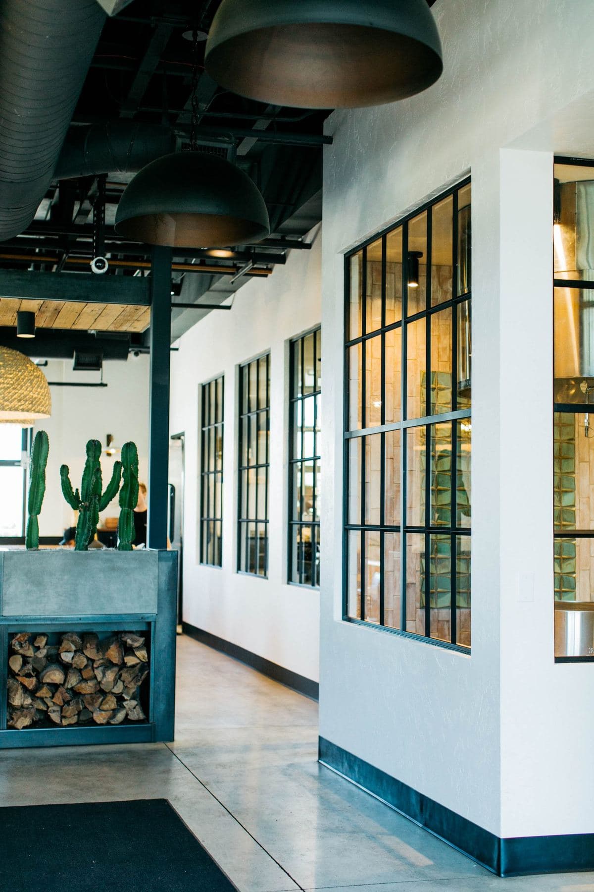 Bright interior entrance with cacti and stacked firewood