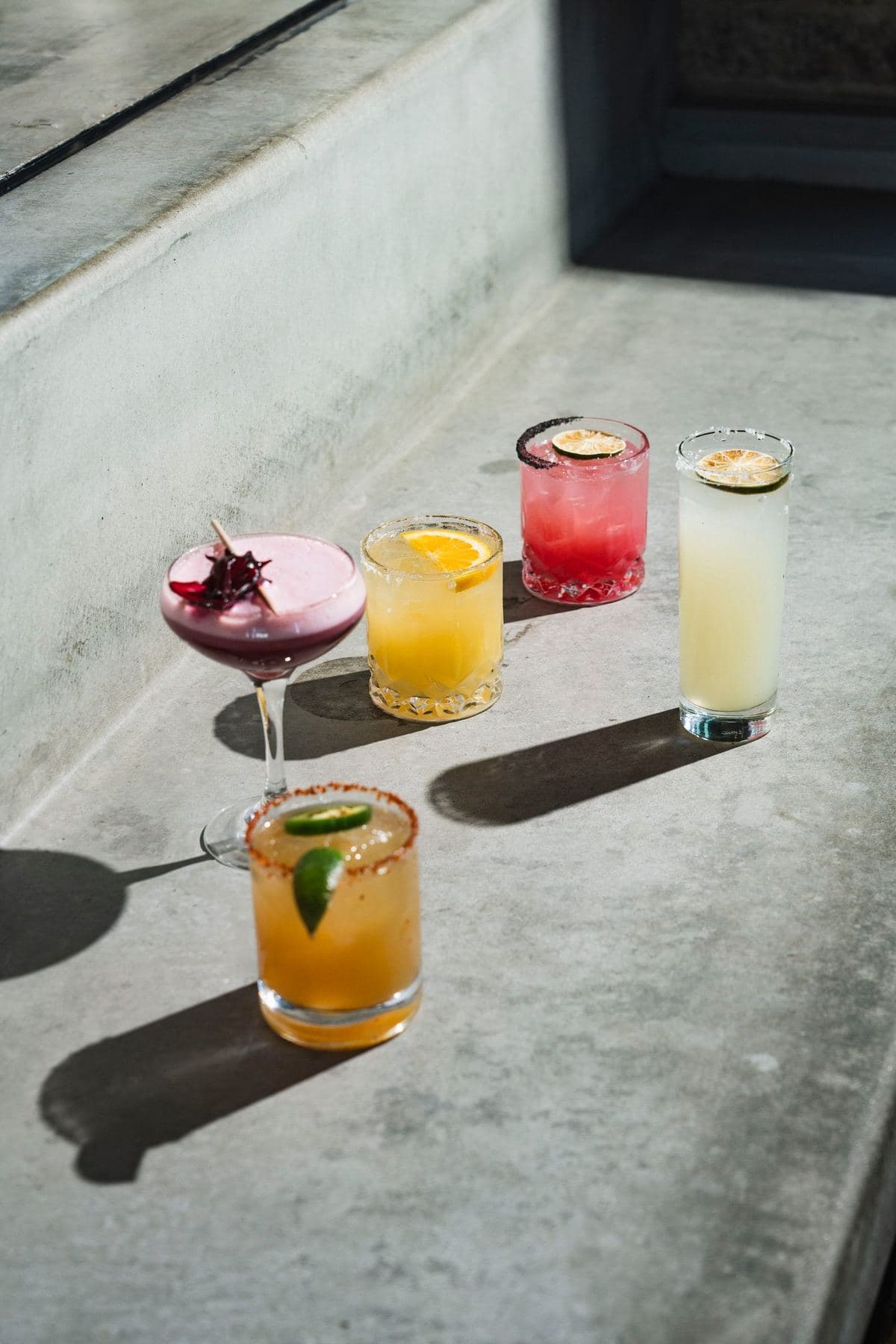 Lineup of Casero cocktails and margaritas