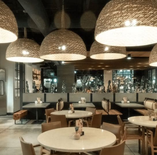 Main dining room with woven pendant lights