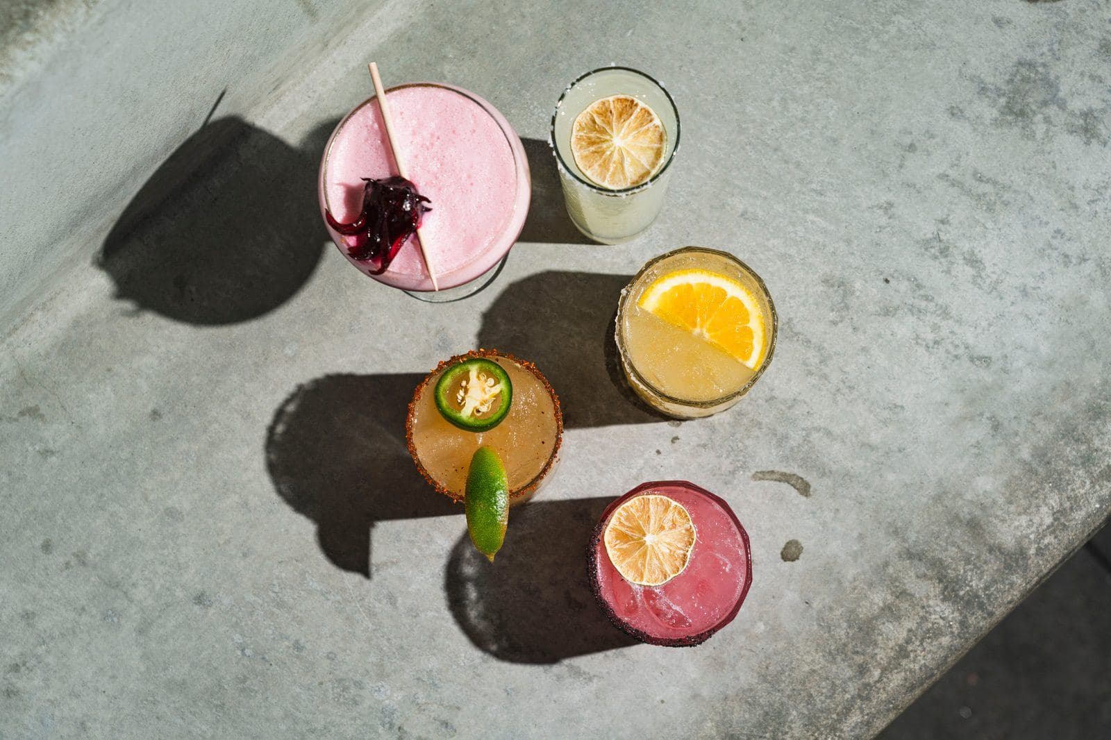 Assorted margaritas and cocktails seen from above